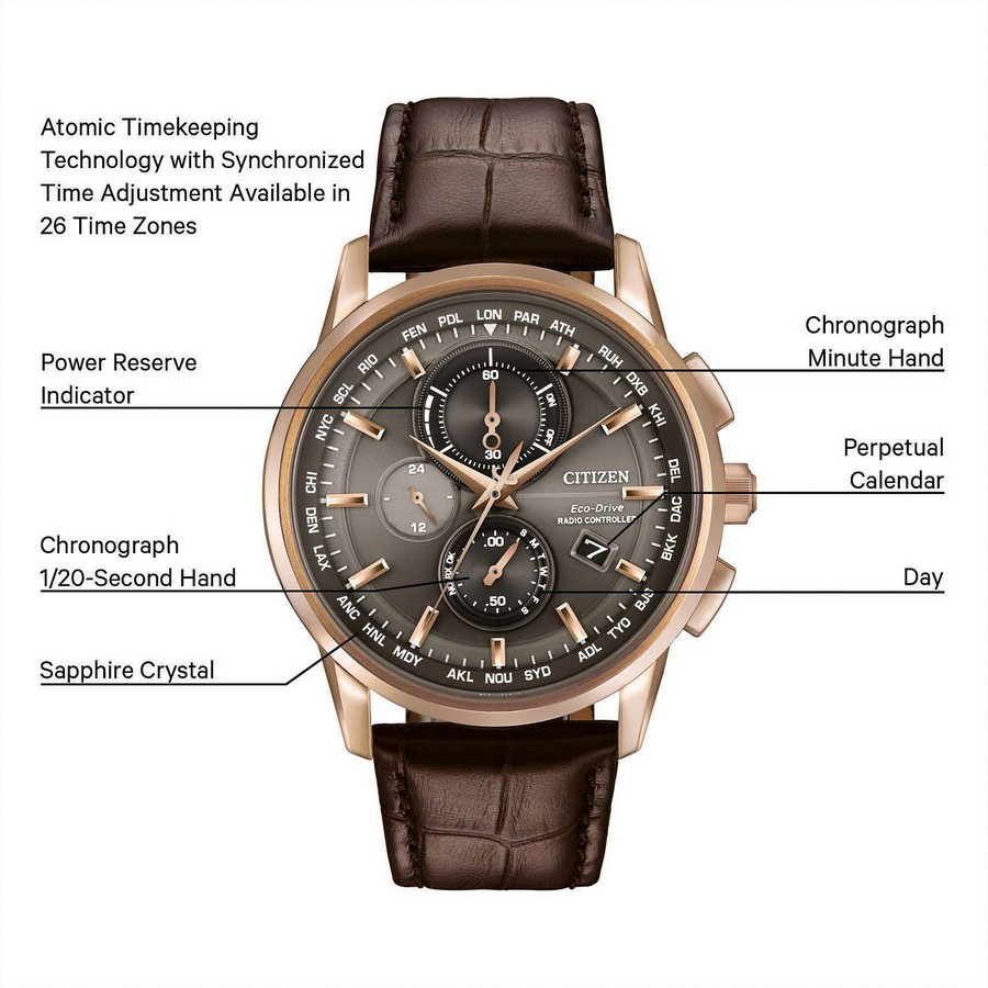 Đồng Hồ Citizen World Chronograph A-T Nam Nâu Xám